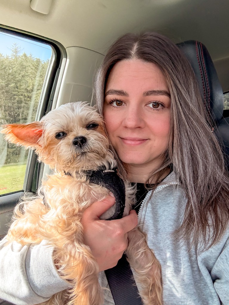 selfie of amie tymofichuk with little dog 